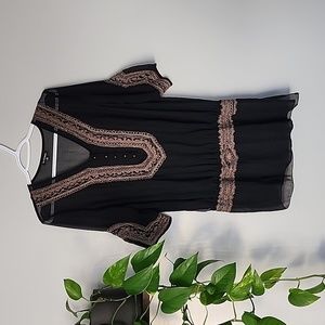 LE Chateau Black gold tunic top sheer medium blouse